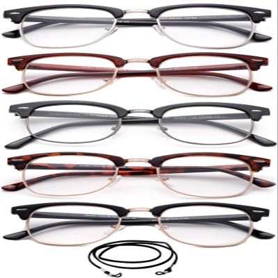 5 Packs Horn Rimmed Half Frame Reading Glasses Semi Rimless Reading Glasses with Lanyard 2.00