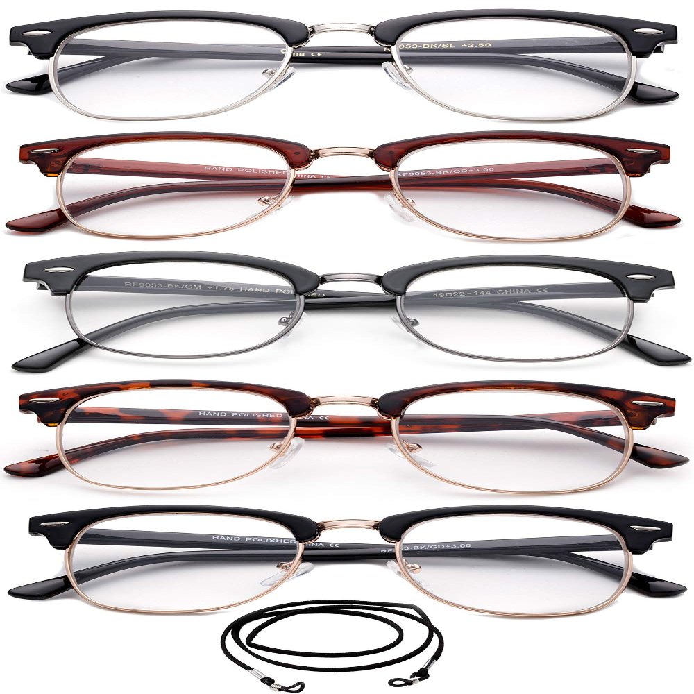 5 Packs Horn Rimmed Half Frame Reading Glasses Semi Rimless Reading Glasses with Lanyard 2.00