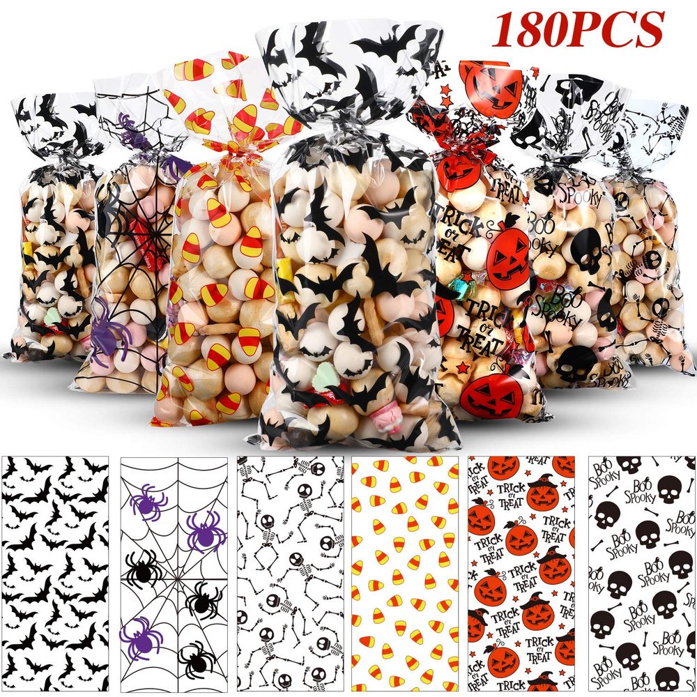 Outus 180 Pieces Halloween Treat Bags Bulk 6 Assorted Designs Clear Trick or Treat Cellophane Candy Goodie Bags with 200 Twist Ties for Halloween Party Supplies