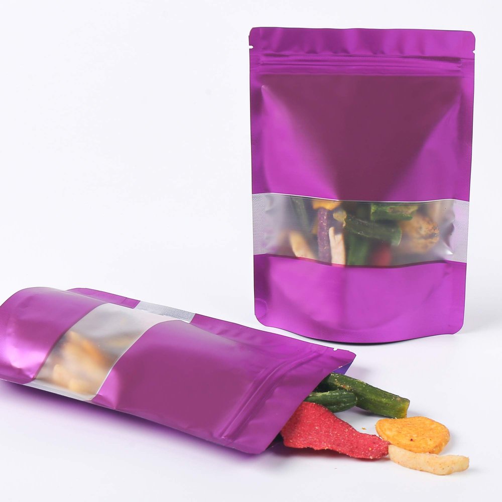 100 Metallic Colored with Clear Window Metallic Foil Stand-Up Resealable Food Storage Pouch (5oz, Matte Purple)