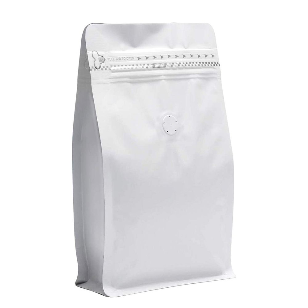 100 Pieces 16 Ounce White Kraft Paper Coffee Bags, Stand Up Coffee Pouches with One Way Degassing Valve and Reusable Side Zipper (Pull Tab to Open) Flat Bottom - Stand Up Well (16oz, 1lb, 454gram)
