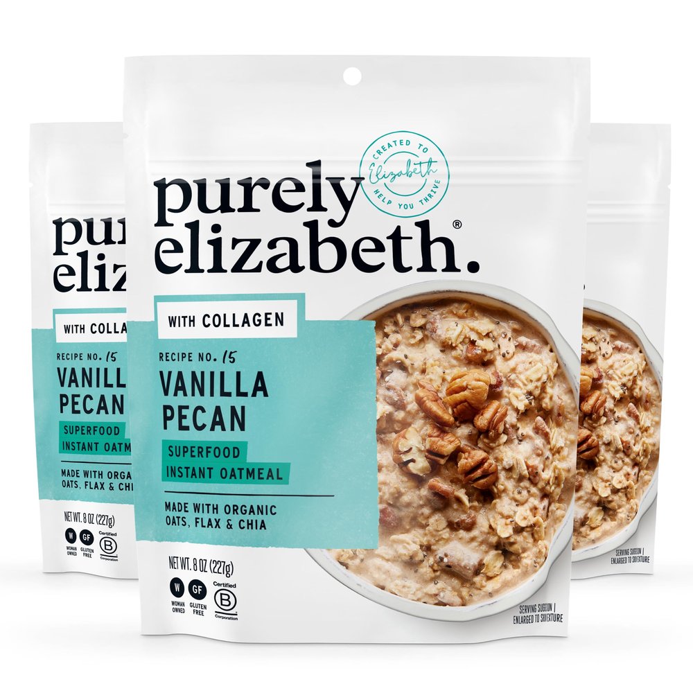 Purely Elizabeth Collagen Oatmeal, Vanilla Pecan, Made with Organic Oats, Amaranth, Quinoa, and Chia Seeds, Gluten-Free, Non-GMO (3ct, 8oz Bags)