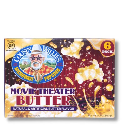 Cousin Willie's Microwave Popcorn Bags, Movie Theater Butter (6 Bags) Gourmet Popcorn Boxes for Party, Whole Grain Popcorn, Gluten Free, Low Calorie Healthy Snack, USA Made, non-GMO