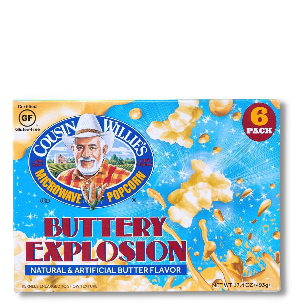 Cousin Willie's Microwave Popcorn Bags, Buttery Explosion (8 Boxes, 48 Bags), Gourmet Popcorn Boxes for Party, Whole Grain Popcorn, Gluten Free, Low Calorie Healthy Snack, Made in USA, non-GMO