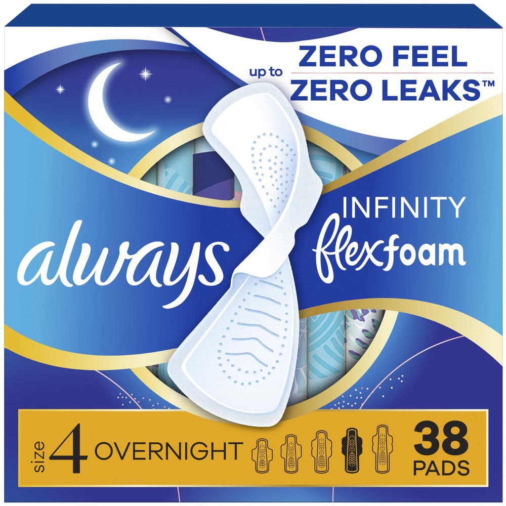 Always Infinity Feminine Pads for Women, Flexfoam Pads with Wings, Size 4, Overnight Absorbency, Unscented, 38 Count