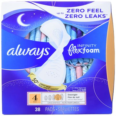 Always Infinity Size 4 Overnight Sanitary Pads with Flexi-Wings Wings, Unscented - 38 Count