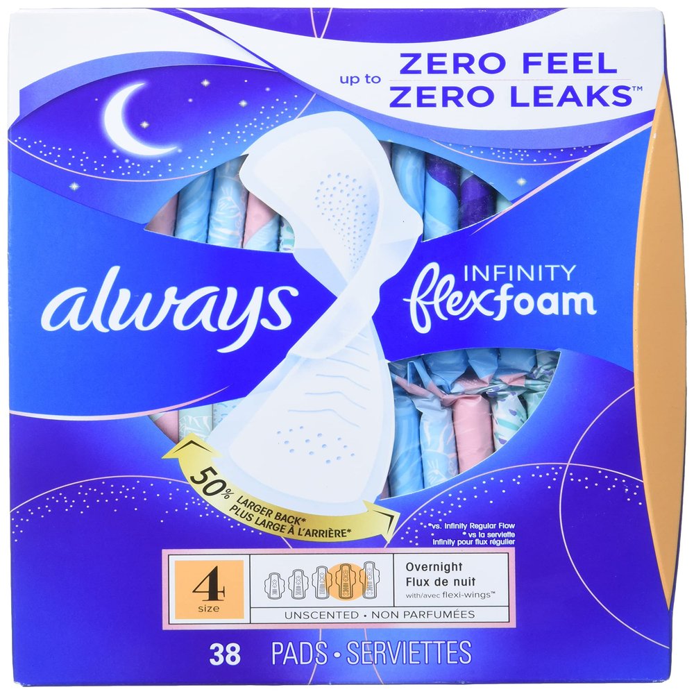 Always Infinity Size 4 Overnight Sanitary Pads with Flexi-Wings Wings, Unscented - 38 Count