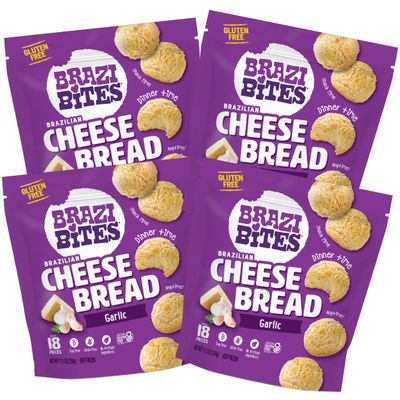 Brazi Bites Gluten-Free Brazilian Cheese Bread: Garlic Asiago | Vegetarian Frozen Bread Snacks | Soy-Free | No Artificial Ingredients | No Preservatives | 11.5 oz. pouches (4-pack)