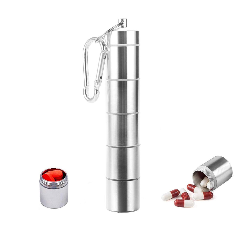 Portable Pill Box, Floor88 5 Compartments Pocket Pill Case Aluminum Alloy Pill Holder Waterproof Medicine Organizer Mini Metal Pill Container with Keychain & Carabiner for Outdoor Travel Camping (#A)