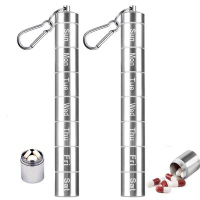 2 Pack Weekly Pill Box, 7 Day Pill Case, Floor88 7 Compartments Aluminum Alloy Portable Pill Holder Waterproof Medicine Organizer Metal Pill Container with Keychain & Carabiner for Travel Camping (#D)