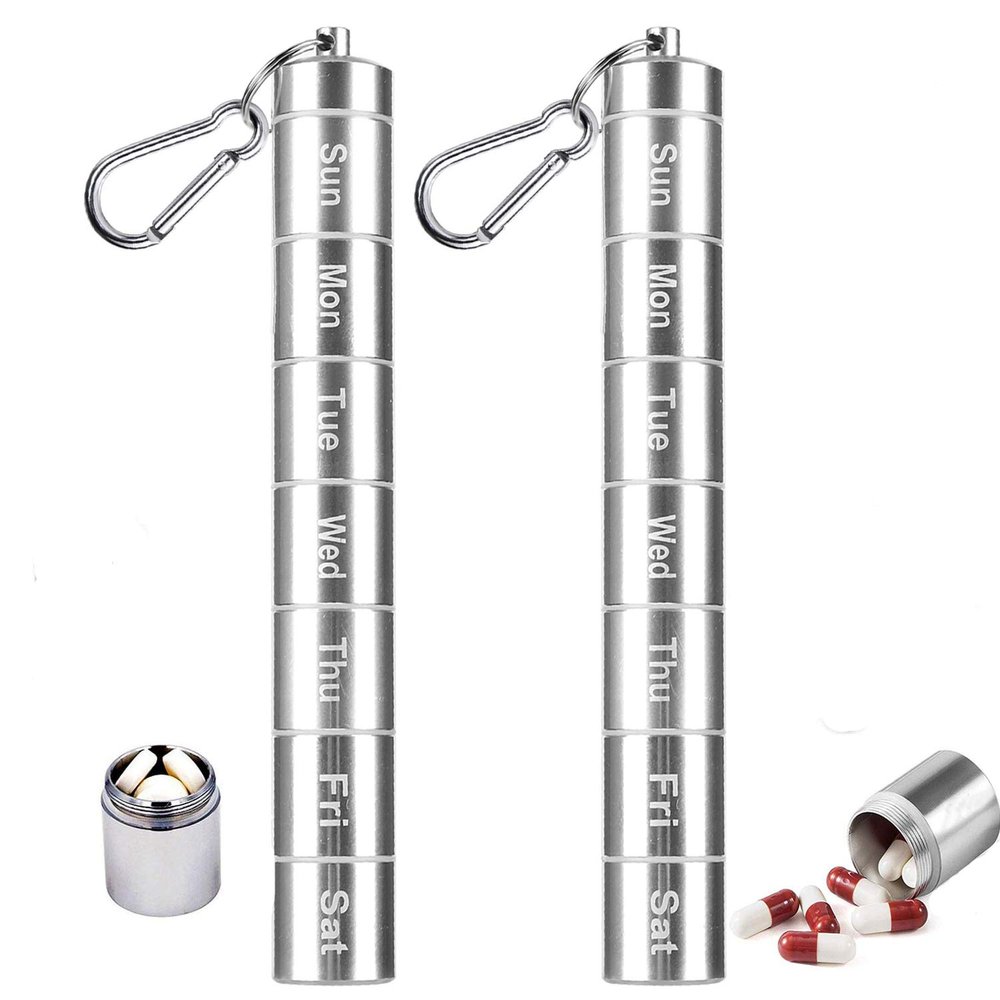 2 Pack Weekly Pill Box, 7 Day Pill Case, Floor88 7 Compartments Aluminum Alloy Portable Pill Holder Waterproof Medicine Organizer Metal Pill Container with Keychain & Carabiner for Travel Camping (#D)
