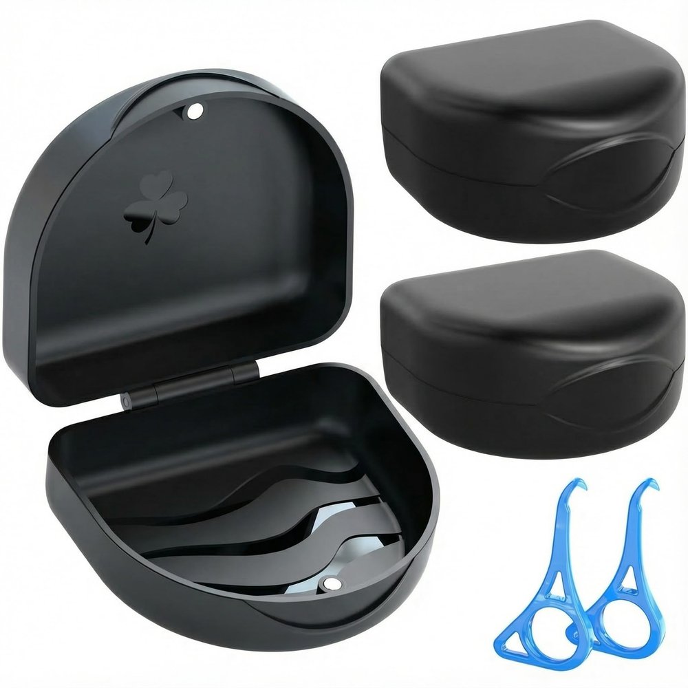 2PCS Retainer Case Denture Case: BVN Orthodontic Dental Case, Slim Braces Case, Mouth Guard Case, Denture Box, Teeth Aligner Case, Night Guard Case Container Storage Holder Black