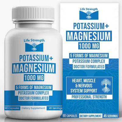 Life Strength Potassium Magnesium Supplement 1000mg (90 Caps)  Potassium Magnesium Complex with Aspartate, Glycinate, Oxide, Gluconate & Citrate  Muscle, Heart & Electrolyte Support - 45-Day Supply