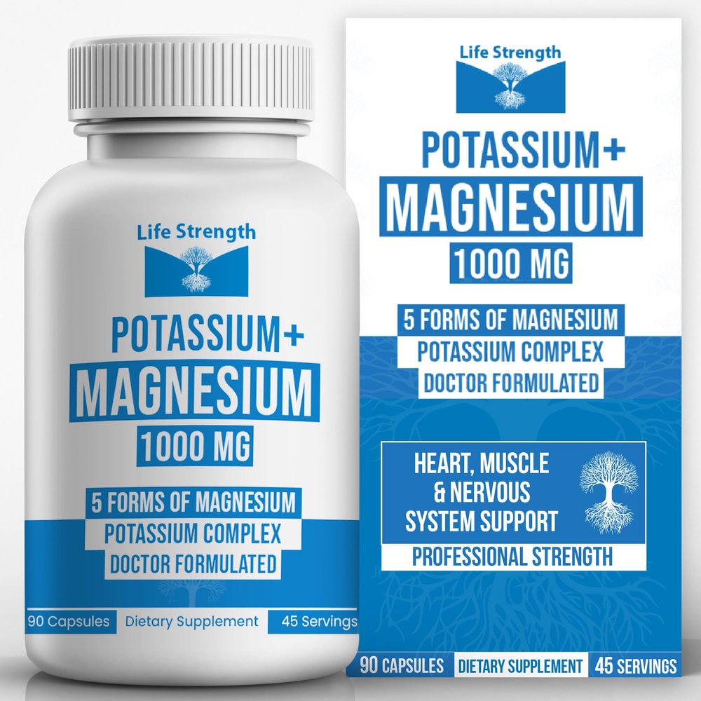 Life Strength Potassium Magnesium Supplement 1000mg (90 Caps)  Potassium Magnesium Complex with Aspartate, Glycinate, Oxide, Gluconate & Citrate  Muscle, Heart & Electrolyte Support - 45-Day Supply