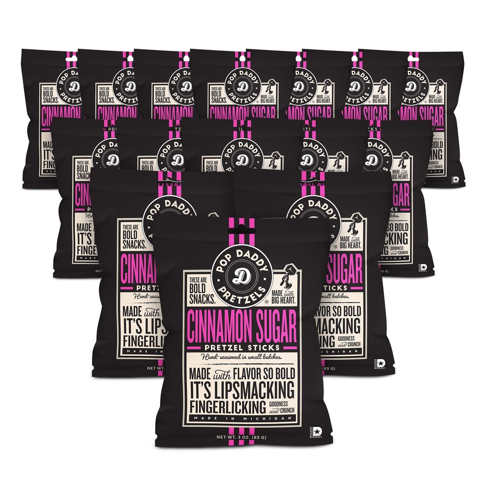 Pop Daddy Flavored Pretzels Sticks, Cinnamon Sugar Flavor, 3oz Healthy Gourmet Pretzels Snacks, 15 Pack