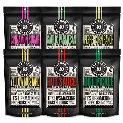 Pop Daddy Flavored Pretzels Sticks, Healthy Gourmet Pretzels, 7.5oz Variety Pack, 6 Pack, Garlic Parm, Cinnamon Sugar, Peppercorn Ranch, Hot Sauce, Dill Pickle, Yellow Mustard