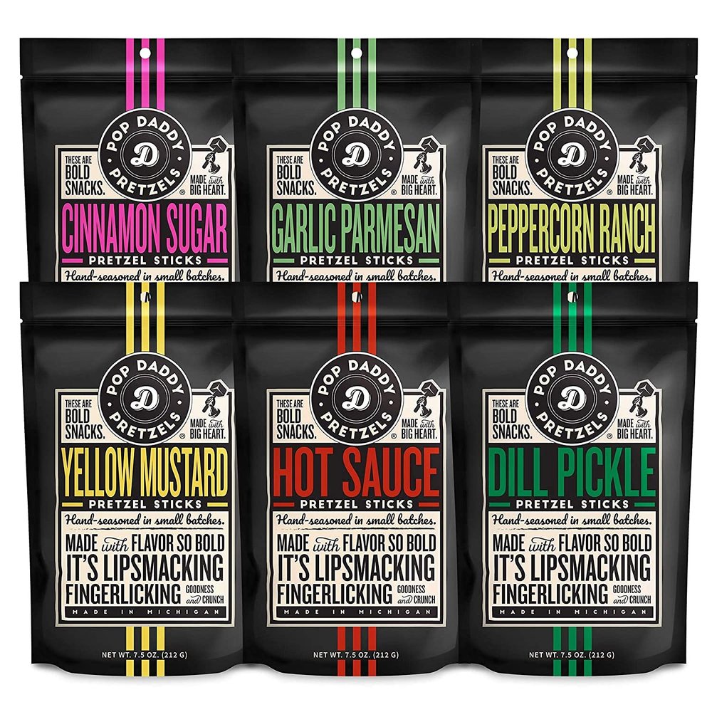 Pop Daddy Flavored Pretzels Sticks, Healthy Gourmet Pretzels, 7.5oz Variety Pack, 6 Pack, Garlic Parm, Cinnamon Sugar, Peppercorn Ranch, Hot Sauce, Dill Pickle, Yellow Mustard