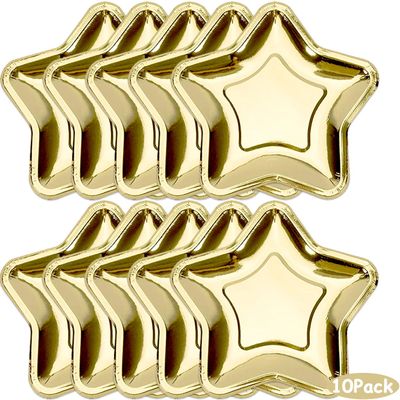 10 Pcs Star Gold Paper Plates, 7 Inch Pentagram Disposable Paper Plates Dinnerware for Christmas Halloween Dinner Wedding Birthday Picnic Appetizers Fruit Dessert Decorations Tableware Supplies