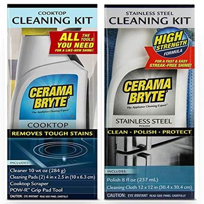Cerama Bryte Stainless Steel Cleaner for Appliances + Cooktop and Stove Top Cleaner, 10 Ounce + 8 Fluid Ounce, POW-R Grip, Scraper, Pad + Cleaning Cloth
