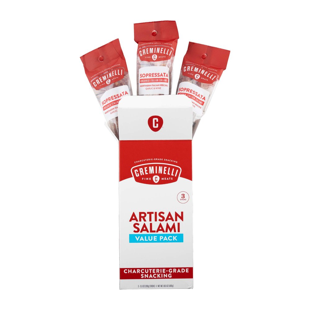 Creminelli Sopressata Salami, (3 count, 5.5oz), Humanely Raised Pork*, No Added Nitrates or Nitrites, No Artificial Ingredients, Gluten Free, Keto & Paleo Friendly Snacks, 44g Protein Per Package, 0g Sugar**,