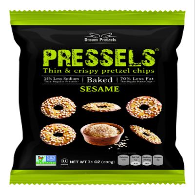 Dream Pretzels Pressels Baked Pretzel Chips, Sesame Seasoned, Mini Thin Crisps, Gourmet Snack Bites, Vegan, Low Sodium, Pack of 3 Individual Bags (7.1 oz)