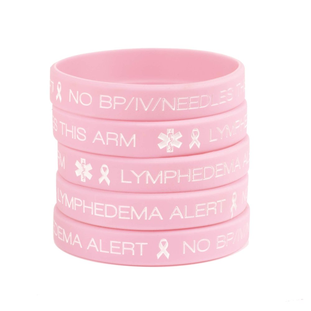 LinnaLove Medical Alert ID Bracelet Silicone ID Wristbands for women Pink Ribbon Breast Cancer Awareness Lymphedema Alert no bp/iv/Needles Bracelet-5 Pack