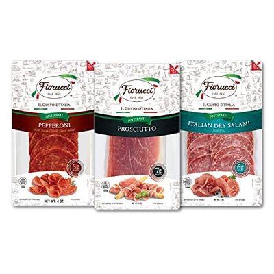 Fiorucci Italian Antipasti Sampler Pack, Pepperoni, Prosciutto and Salami, Gluten Free, 11 Oz (Pack of 1)