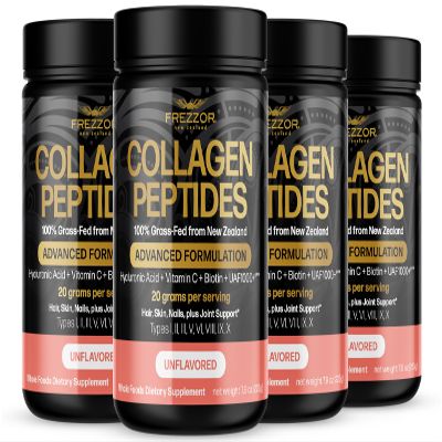 FREZZOR Collagen Peptides Powder, Fine Lines & Wrinkles, Hair & Nails, Supports Youthful Flexibility & Mobility, 100% New Zealand Hydrolyzed Beef Bone Collagen, Unflavored, 31.6 Ounce-4 Jars