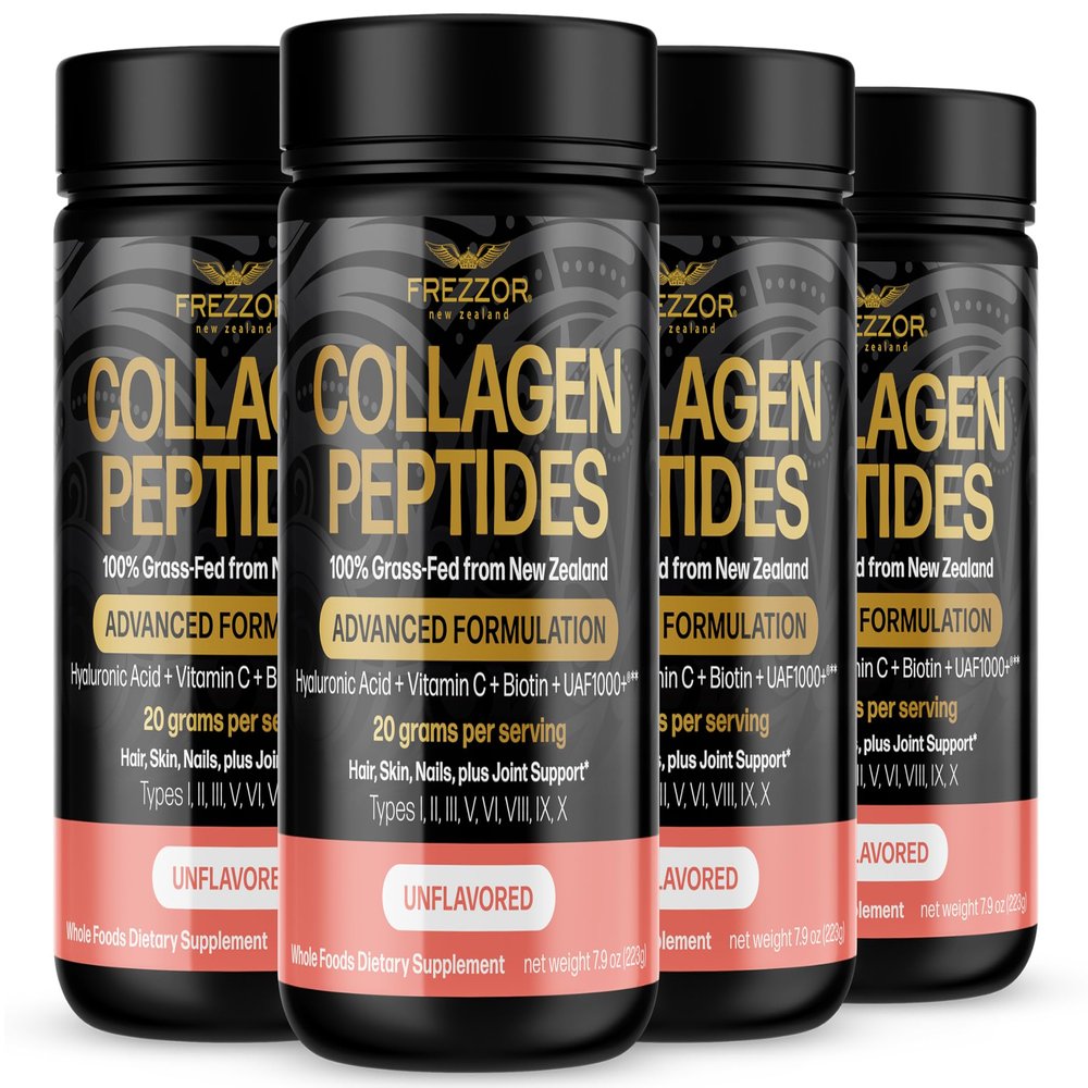 FREZZOR Collagen Peptides Powder, Fine Lines & Wrinkles, Hair & Nails, Supports Youthful Flexibility & Mobility, 100% New Zealand Hydrolyzed Beef Bone Collagen, Unflavored, 31.6 Ounce-4 Jars