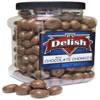Gourmet Milk Chocolate Covered Cherries by It's Delish, 3 lbs Jumbo Reusable Container | Premium Milk Chocolate Coated Dried Cherries - Kosher Dairy