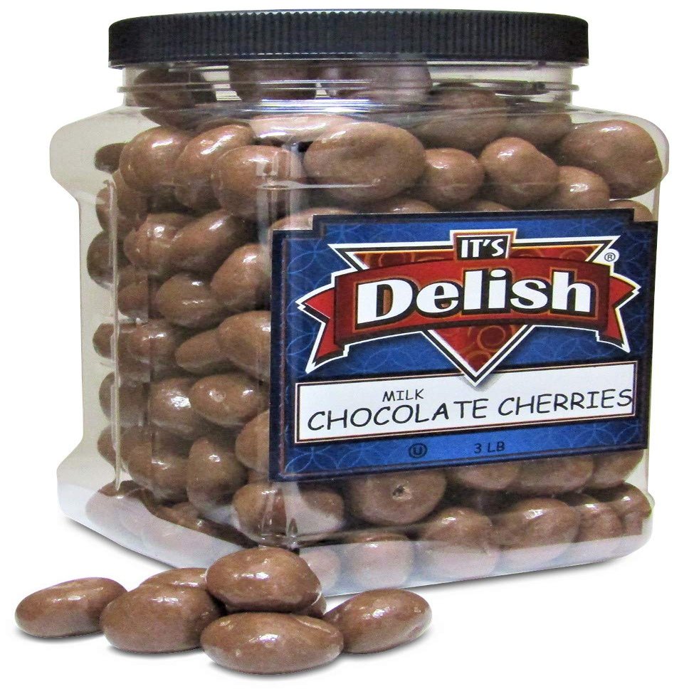 Gourmet Milk Chocolate Covered Cherries by It's Delish, 3 lbs Jumbo Reusable Container | Premium Milk Chocolate Coated Dried Cherries - Kosher Dairy