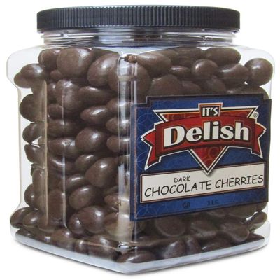 Gourmet Dark Chocolate Covered Cherries by It's Delish, 3 lb Jumbo Reusable Container | Premium Dark Bittersweet Chocolate Coated Dried Cherries - Kosher Parve Vegan