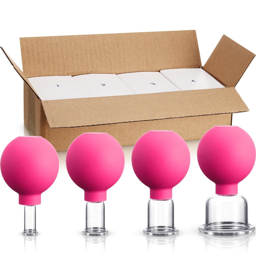 BBTO 4 Pieces Glass Cupping Set Glass Silicone Cupping Cups Massage Vacuum Suction Cupping Cups for Body Face Leg Arm Back Shoulder Muscle and Joint Pain (Rose)