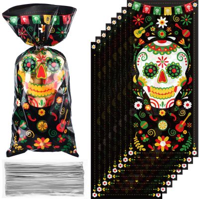 100 Pieces Day of The Dead Treat Bags, Black Da de Los Muertos Cellophane Plastic Candy Goodie Bags with 100 Silver Twist Ties for Halloween Decorations Day of The Dead Party Supplies
