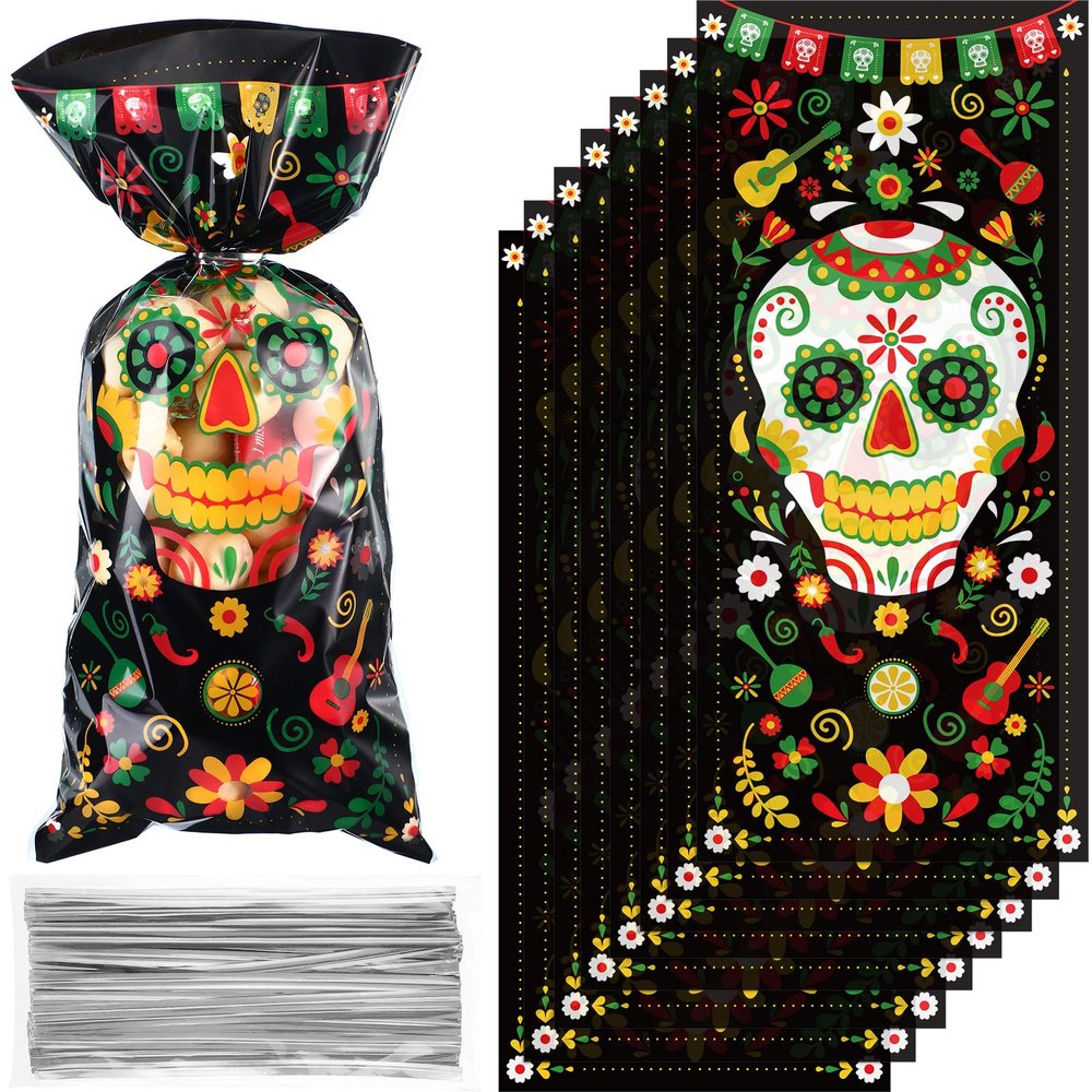 100 Pieces Day of The Dead Treat Bags, Black Da de Los Muertos Cellophane Plastic Candy Goodie Bags with 100 Silver Twist Ties for Halloween Decorations Day of The Dead Party Supplies
