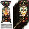 100 Pieces Day of The Dead Treat Bags, Black Da de Los Muertos Cellophane Plastic Candy Goodie Bags with 100 Silver Twist Ties for Halloween Decorations Day of The Dead Party Supplies view 1