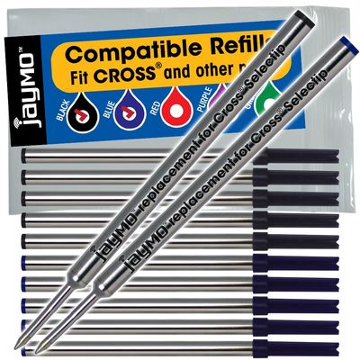 Jaymo Replacement for Cross Selectip 8523/8521 - Measures 4.375 in / 111 mm Long - Gel Rolling Ball Pen Refill - 6 Black + 6 Blue