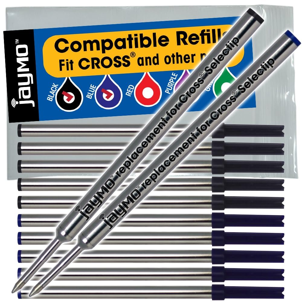 Jaymo Replacement for Cross Selectip 8523/8521 - Measures 4.375 in / 111 mm Long - Gel Rolling Ball Pen Refill - 6 Black + 6 Blue