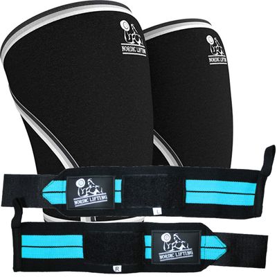 Nordic Lifting Knee Sleeves (1 Pair, Small, Black) and Wrist Wraps (1 Pair/2 Wraps) Aqua Blue