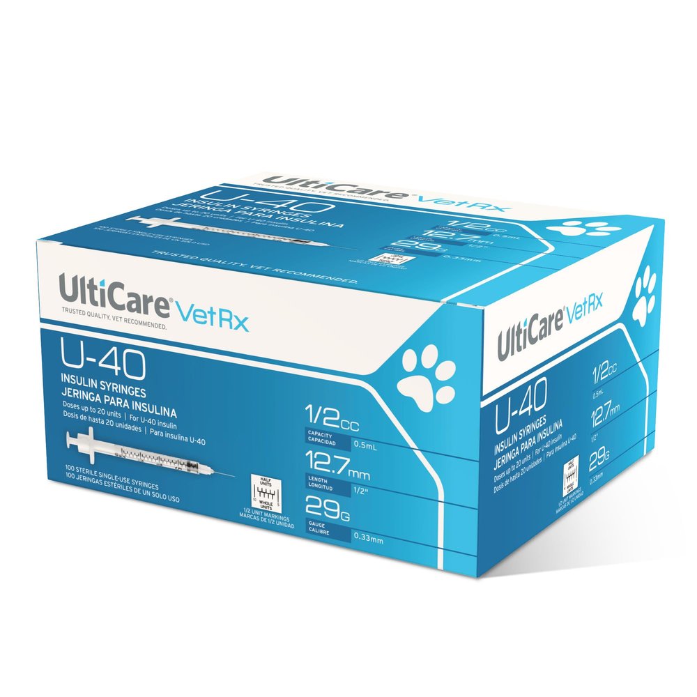 UltiCare VetRx U-40 Pet Insulin Syringes, Comfortable and Accurate Dosing of Insulin for Pets, Compatible with Any U-40 Strength Insulin, Size: 1/2cc, 29G x , with Half Unit Markings, 100 ct Box