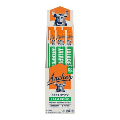 Archer Jerky Beef Jerky Sticks Jalapeno - Grass Fed Beef Sticks Individually Wrapped, Bulk, Protein Snack Packs, Gluten Free, Paleo, Keto, Sugar Free - 1 oz Each (Pack of 18)