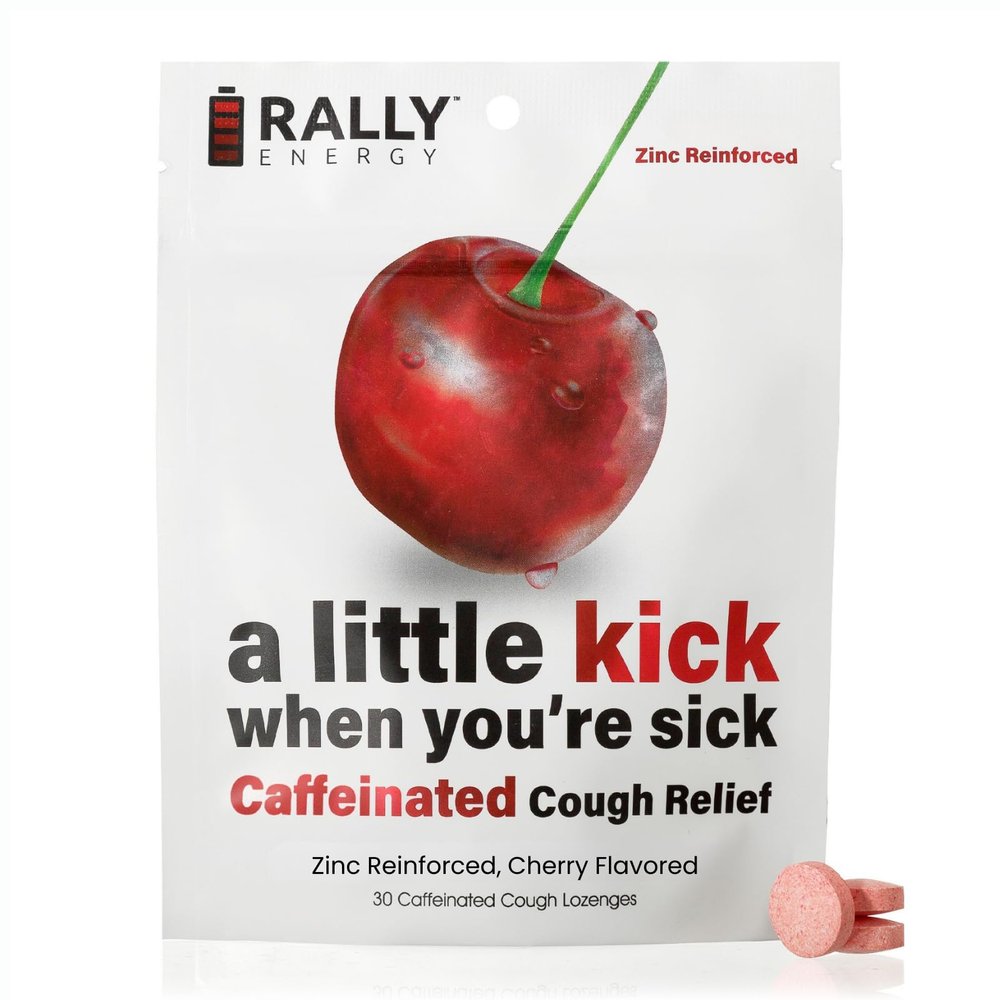 Cherry Flavor Cough Drops by Rally Energy, Cough Relief with Caffeinated Zinc Reinforced Lozenges, Boost Your Energy, Focus, and Productivity - Zero Calorie, Throat Lozenges (30 Units)