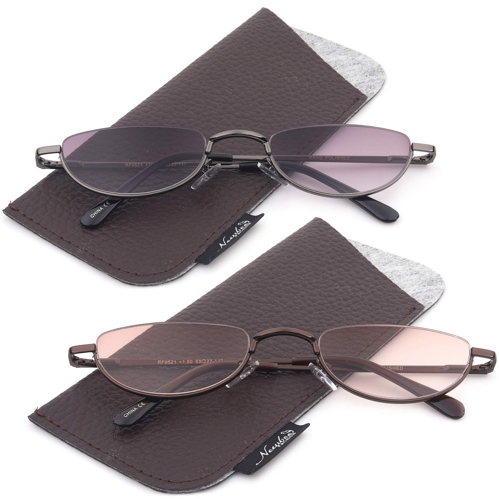 2 Pack Half Moon Shaped Frame Reading Glasses Spring Hinge Flat Top Slim Frame Men Women Tinted Outdoor Reading Glasses with Pouch +1.25