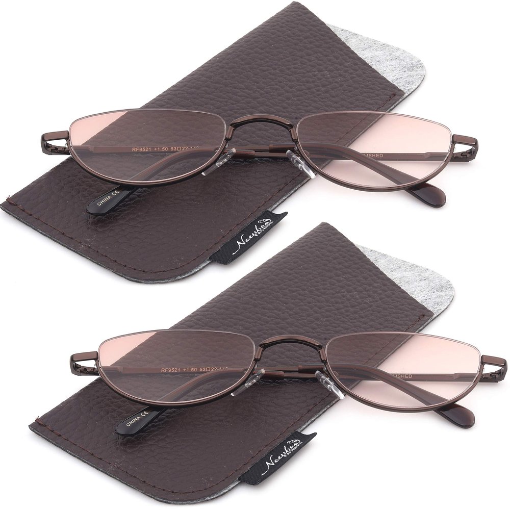 2 Pack Half Moon Shaped Frame Reading Glasses Spring Hinge Flat Top Slim Frame Men Women Tinted Outdoor Reading Glasses with Pouch Gold +1.75