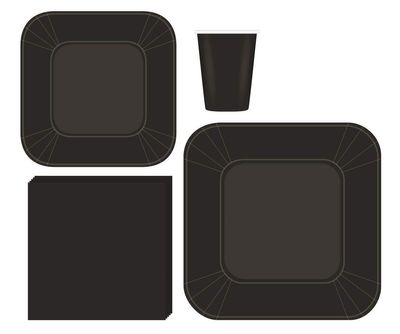 200-Piece Black Square Dinnerware Set  Serves 50 Guests Includes 9" Dinner Plates, 7" Dessert Plates, 9oz Cups & 3-Ply Napkins Disposable Party Pack for Weddings, Birthdays, Events & Catering