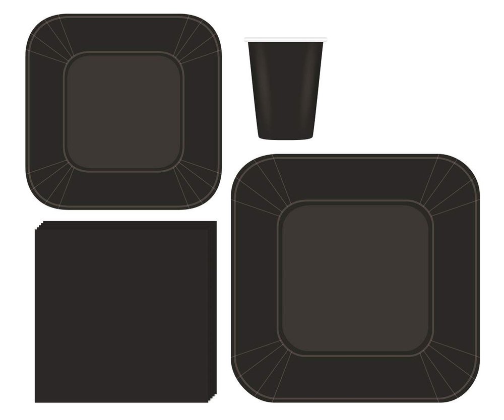 200-Piece Black Square Dinnerware Set  Serves 50 Guests Includes 9" Dinner Plates, 7" Dessert Plates, 9oz Cups & 3-Ply Napkins Disposable Party Pack for Weddings, Birthdays, Events & Catering