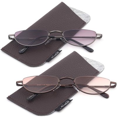 2 Pack Half Moon Shaped Frame Reading Glasses Spring Hinge Flat Top Slim Frame Men Women Tinted Outdoor Reading Glasses with Pouch +1.50