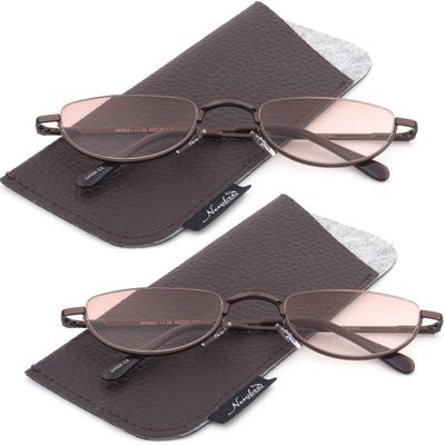 2 Pack Half Moon Shaped Frame Reading Glasses Spring Hinge Flat Top Slim Frame Men Women Tinted Outdoor Reading Glasses with Pouch Gunmetal +2.50