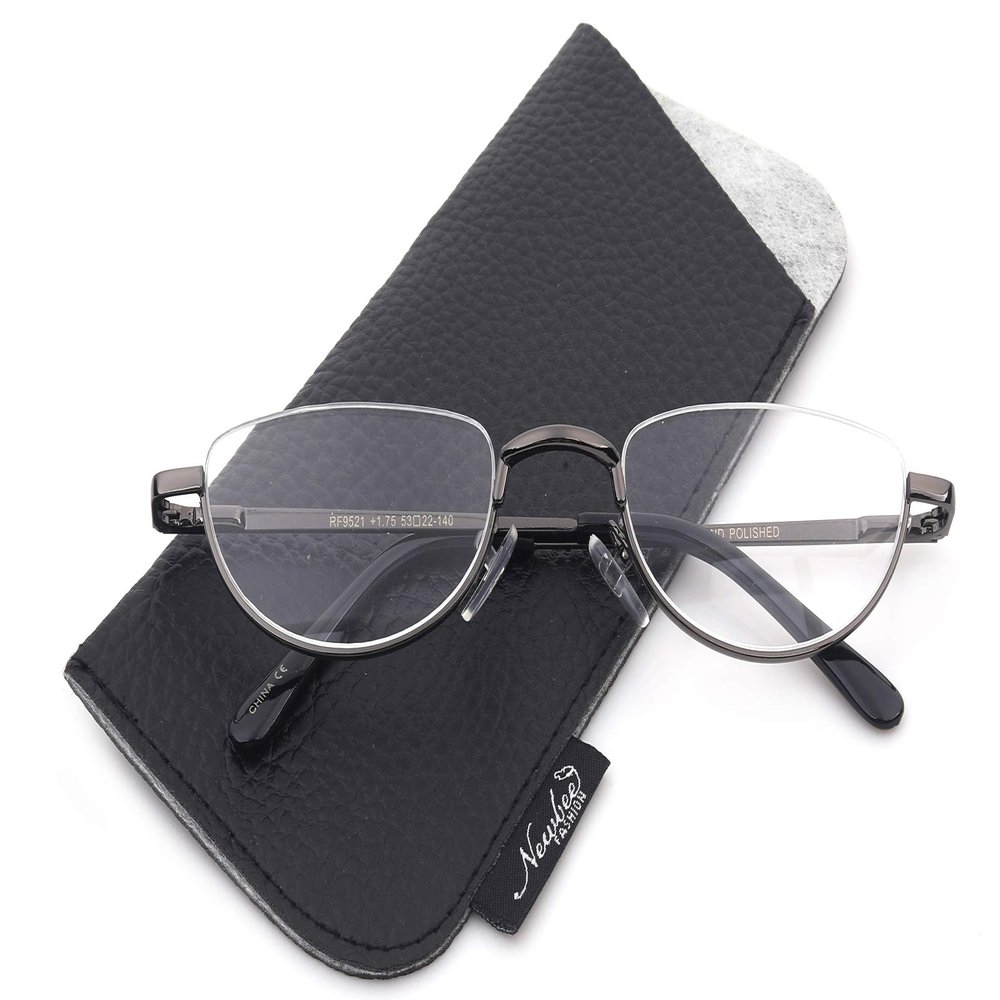 Half Moon Shaped Frame Reading Glasses Spring Hinge Flat Top Slim Frame Men Women Half Frame Reading Glasses with Pouch Gunmetal +1.25