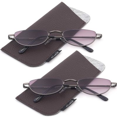 2 Pack Half Moon Shaped Frame Reading Glasses Spring Hinge Flat Top Slim Frame Men Women Tinted Outdoor Reading Glasses with Pouch Gunmetal +2.00